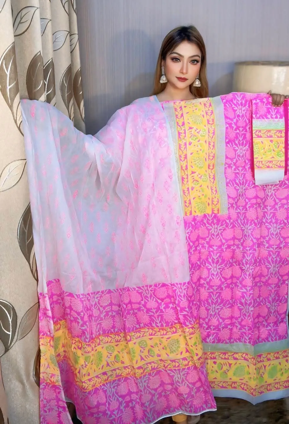 Premium Vexi Voile Hand Block Print Unstitched 3-Piece Set - Pink & Yellow - ‍spriha pro1001