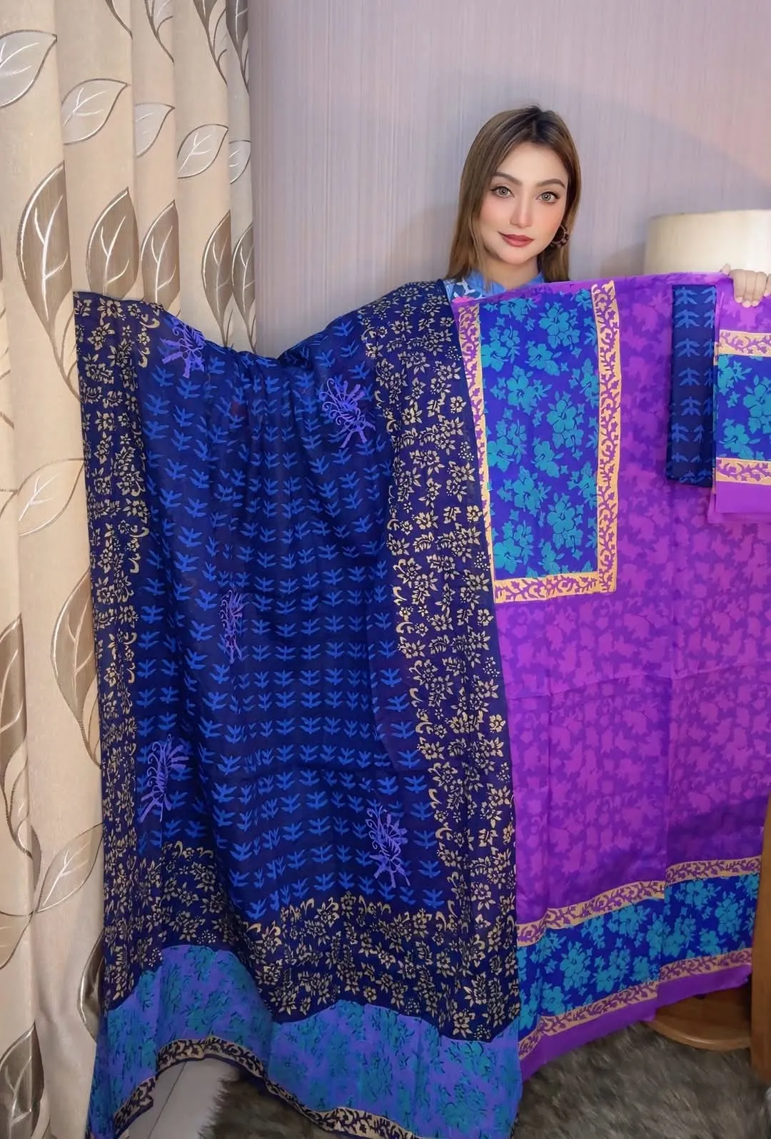 Premium Vexi Voile Hand Block Print Unstitched 3-Piece Set - Purple & Royal Blue - ‍spriha pro 1002