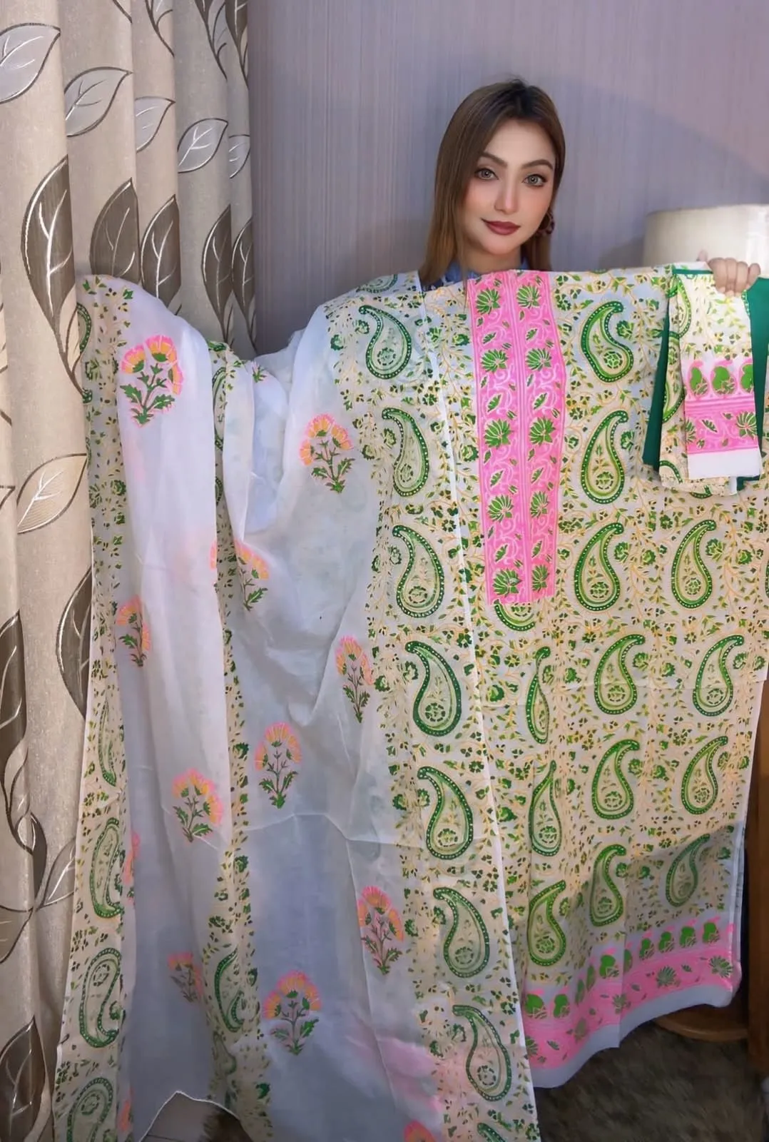 Premium Vexi Voile Hand Block Print Unstitched 3-Piece Set - White, Green & Pink - spriha pro 1003