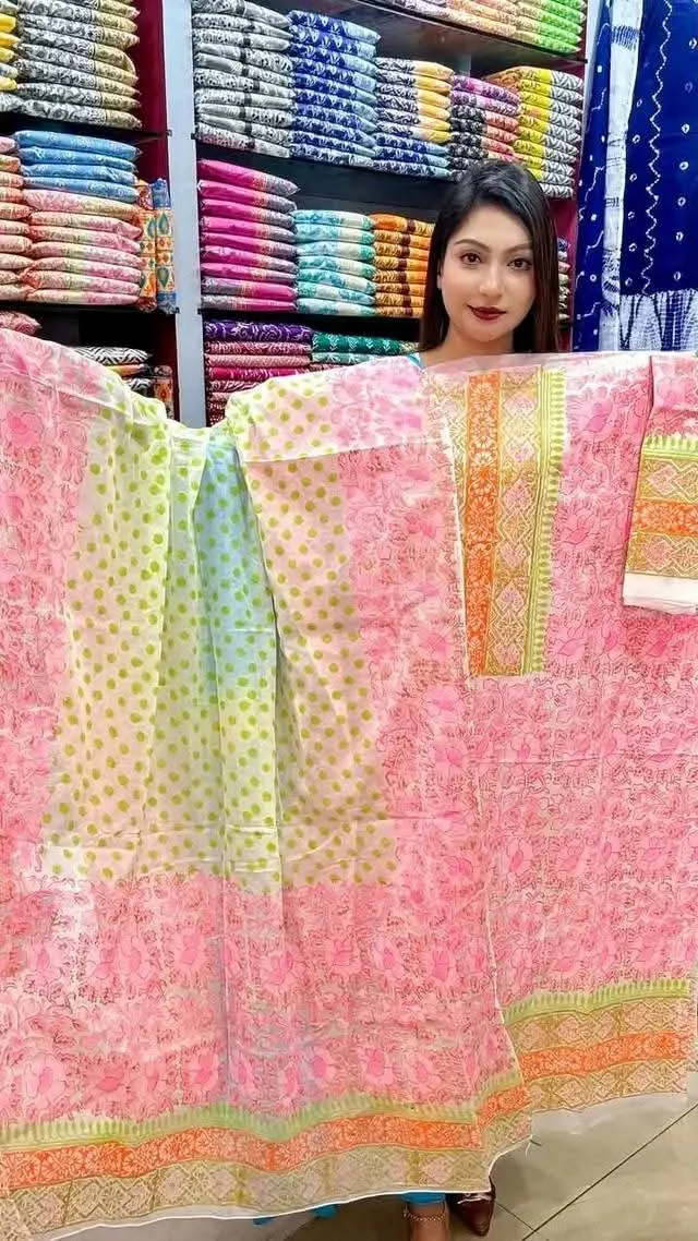 Premium Vexi Voile Hand Block Print Unstitched 3-Piece Set - Baby Pink, Orange & Light Green - spriha pro 1004