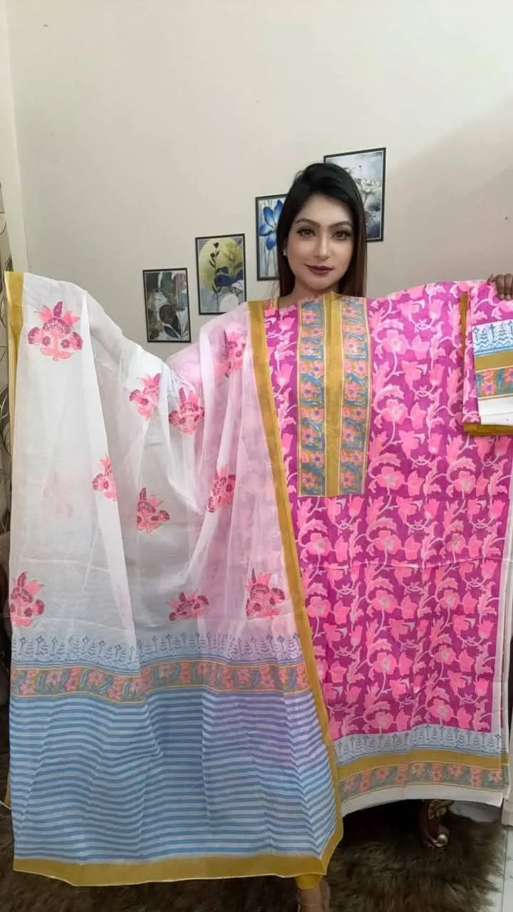 Premium Vexi Voile Hand Block Print Unstitched 3-Piece Set - Pink, Off-White & Golden - spriha pro -1005