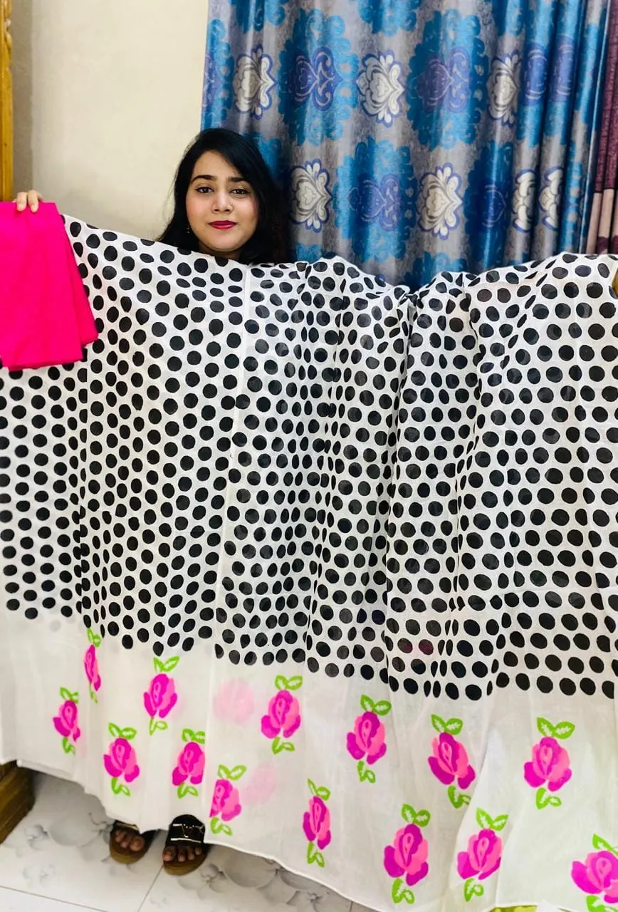 Premium Vexi Voile Hand Block Print Unstitched 3-Piece Set - Black, White & Pink - spriha pro -1006